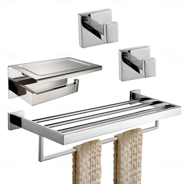 Bathroom Accessory Set Include Toilet Paper Holder/Bathroom Shelf and 2 Robe Hooks Multifunction Stainless Steel Silvery 4pcs