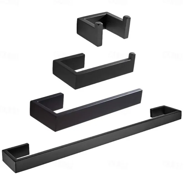 Bathroom Accessory Set Include Towel Bar / Toilet Paper Holder and Robe Hook New Design Stainless Steel Material Wall Mounted Matte Black 4pcs