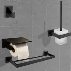 Bathroom Accessory Set Matte Black Contain with Tower Rack/Toilet Paper Holder/Robe Hook/Toilet Brush Holder Stainless Steel Wall Mounted 4PCS Painted Finish