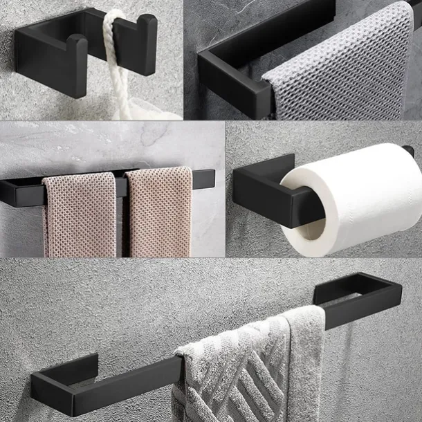 Bathroom Accessory Set, Self-adhesive Matte Black Stainless Steel Hardware Include Robe Hook, Towel Bar, Towel Holder, Toilet Paper Holder,for Home and Hotel