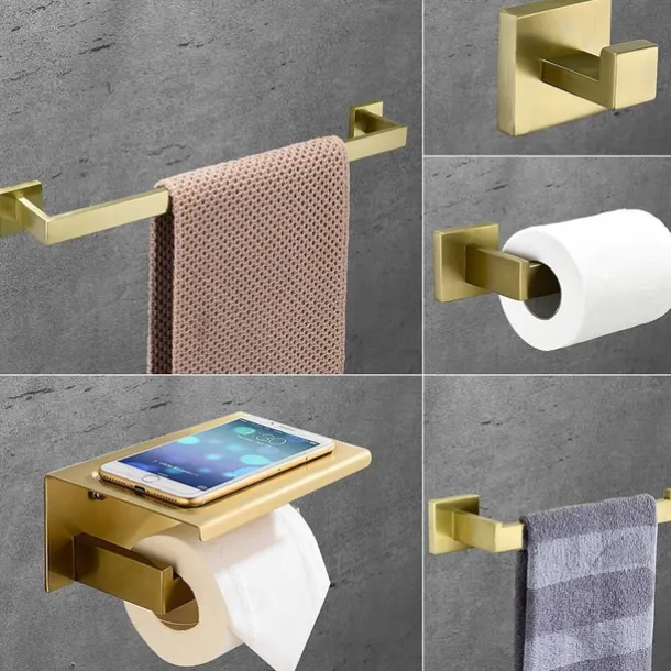 Bathroom Accessory Set Stainless Steel Include Single Towel Bar Toilet Paper Holder Robe Hook and Towel Shelf Wall Mounted Golden 1 or 3 or 4 pcs