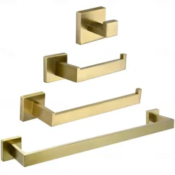 Bathroom Accessory Set Stainless Steel Include Single Towel Bar Toilet Paper Holder Robe Hook and Towel Shelf Wall Mounted Golden 1 or 3 or 4 pcs