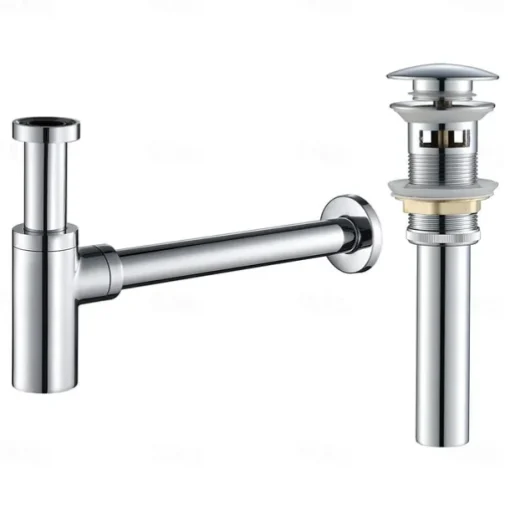 Bathroom Brass Contemporary Round Bottle P Trap Lavatory Adjustable Basin Sink Waste Drain P-Trap Kit with Pop up Drain(Silvery,Black)