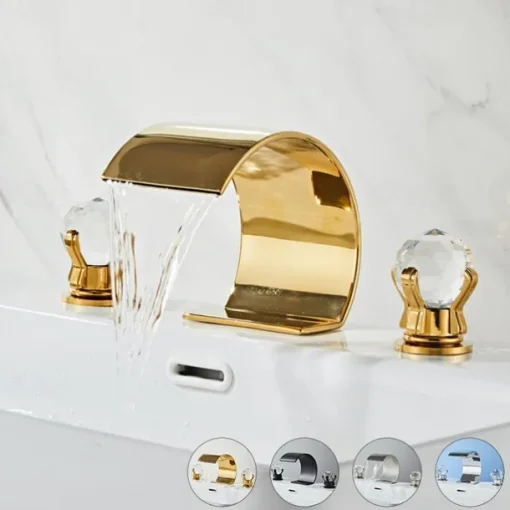Bathroom Faucet 3 Hole Dual Crystal Knobs Widespread 3 Holes Vanity Basin Mixer Tap Bathtub Filler Faucet Waterfall Faucet for Bathroom(Golden/Black/Chrome)