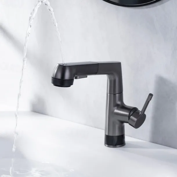 Bathroom Faucet LCD Digital Display Sink Mixer Basin Taps with Pull out Sprayer, Single Handle Liftable Spout Head 3 Mode, Brass Vessel Tap Washroom