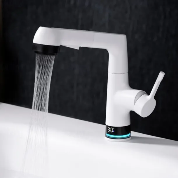 Bathroom Faucet LCD Digital Display Sink Mixer Basin Taps with Pull out Sprayer, Single Handle Liftable Spout Head 3 Mode, Brass Vessel Tap Washroom