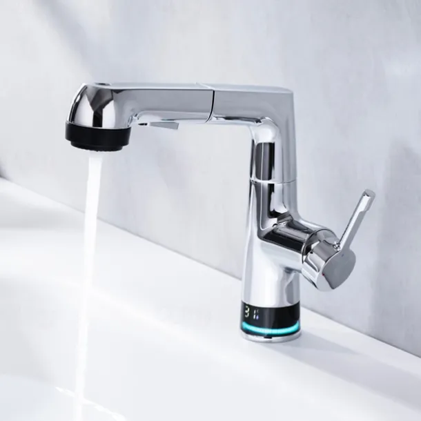 Bathroom Faucet LCD Digital Display Sink Mixer Basin Taps with Pull out Sprayer, Single Handle Liftable Spout Head 3 Mode, Brass Vessel Tap Washroom