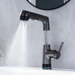 Bathroom Faucet LCD Digital Display Sink Mixer Basin Taps with Pull out Sprayer, Single Handle Liftable Spout Head 3 Mode, Brass Vessel Tap Washroom