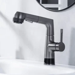 Bathroom Faucet LCD Digital Display Sink Mixer Basin Taps with Pull out Sprayer, Single Handle Liftable Spout Head 3 Mode, Brass Vessel Tap Washroom