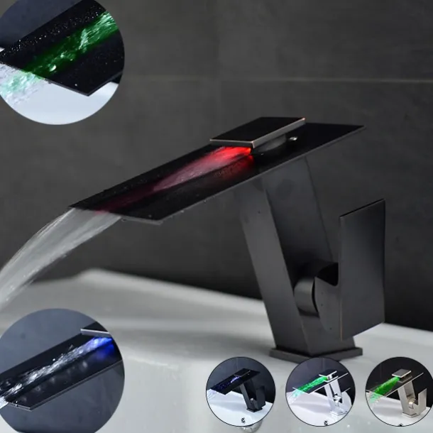 Bathroom Faucet LED Waterfall Spout 3 Color Changes with Temperature, Sink Mixer Mono Basin Taps, Single Handle One Hole Brass Washroom Vessel Tap Deck Mounted