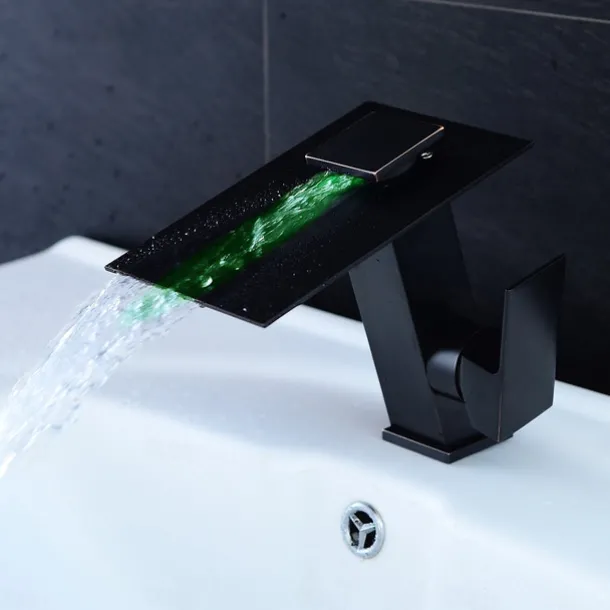 Bathroom Faucet LED Waterfall Spout 3 Color Changes with Temperature, Sink Mixer Mono Basin Taps, Single Handle One Hole Brass Washroom Vessel Tap Deck Mounted