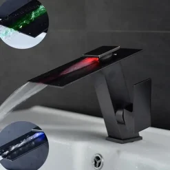 Bathroom Faucet LED Waterfall Spout 3 Color Changes with Temperature, Sink Mixer Mono Basin Taps, Single Handle One Hole Brass Washroom Vessel Tap Deck Mounted