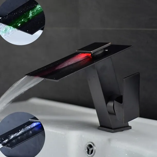 Bathroom Faucet LED Waterfall Spout 3 Color Changes with Temperature, Sink Mixer Mono Basin Taps, Single Handle One Hole Brass Washroom Vessel Tap Deck Mounted