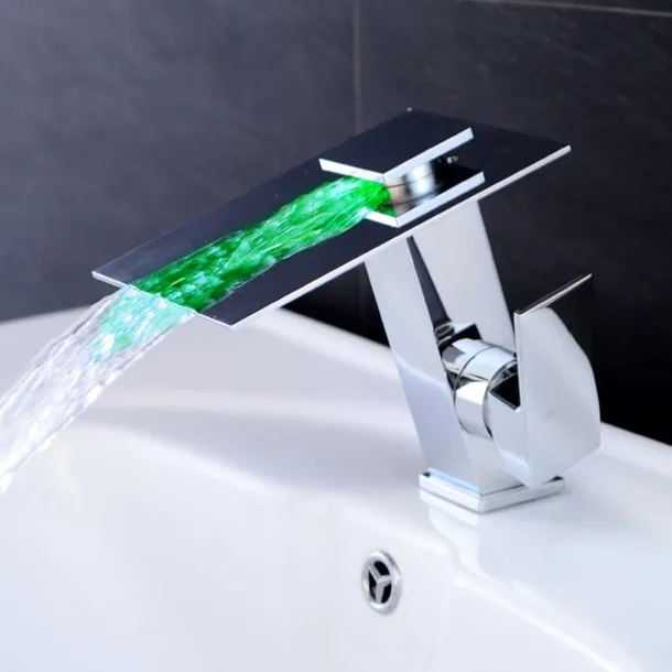 Bathroom Faucet LED Waterfall Spout 3 Color Changes with Temperature, Sink Mixer Mono Basin Taps, Single Handle One Hole Brass Washroom Vessel Tap Deck Mounted