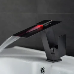 Bathroom Faucet LED Waterfall Spout 3 Color Changes with Temperature, Sink Mixer Mono Basin Taps, Single Handle One Hole Brass Washroom Vessel Tap Deck Mounted