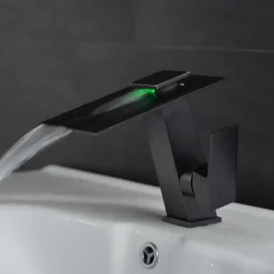 Bathroom Faucet LED Waterfall Spout 3 Color Changes with Temperature, Sink Mixer Mono Basin Taps, Single Handle One Hole Brass Washroom Vessel Tap Deck Mounted