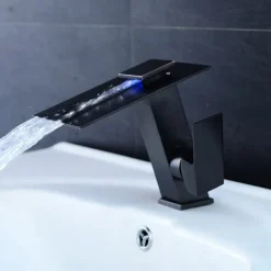 Bathroom Faucet LED Waterfall Spout 3 Color Changes with Temperature, Sink Mixer Mono Basin Taps, Single Handle One Hole Brass Washroom Vessel Tap Deck Mounted