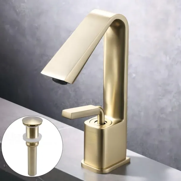 Bathroom Faucet Sink Mixer Basin Taps with Pop Up Drain, Monobloc Single Handle Washroom Vessel Tap with Cold and Hot Hose