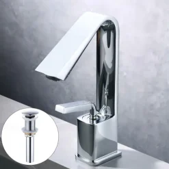 Bathroom Faucet Sink Mixer Basin Taps with Pop Up Drain, Monobloc Single Handle Washroom Vessel Tap with Cold and Hot Hose