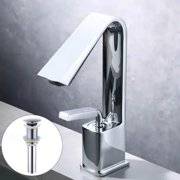 Bathroom Faucet Sink Mixer Basin Taps with Pop Up Drain, Monobloc Single Handle Washroom Vessel Tap with Cold and Hot Hose