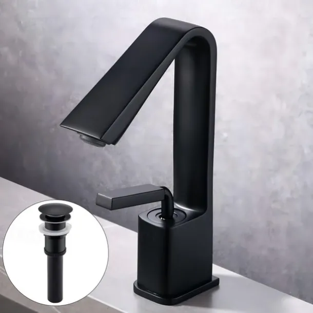 Bathroom Faucet Sink Mixer Basin Taps with Pop Up Drain, Monobloc Single Handle Washroom Vessel Tap with Cold and Hot Hose