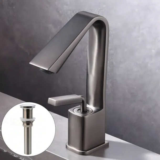 Bathroom Faucet Sink Mixer Basin Taps with Pop Up Drain, Monobloc Single Handle Washroom Vessel Tap with Cold and Hot Hose