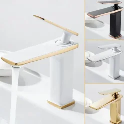 Bathroom Faucet Sink Mixer Basin Taps Deck Mounted, Monobloc Single Handle Cermaic Valve Washroom Taps with Cold and Hot Hose Black Golden White Chrome
