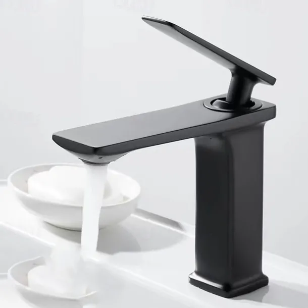 Bathroom Faucet Sink Mixer Basin Taps Deck Mounted, Monobloc Single Handle Cermaic Valve Washroom Taps with Cold and Hot Hose Black Golden White Chrome