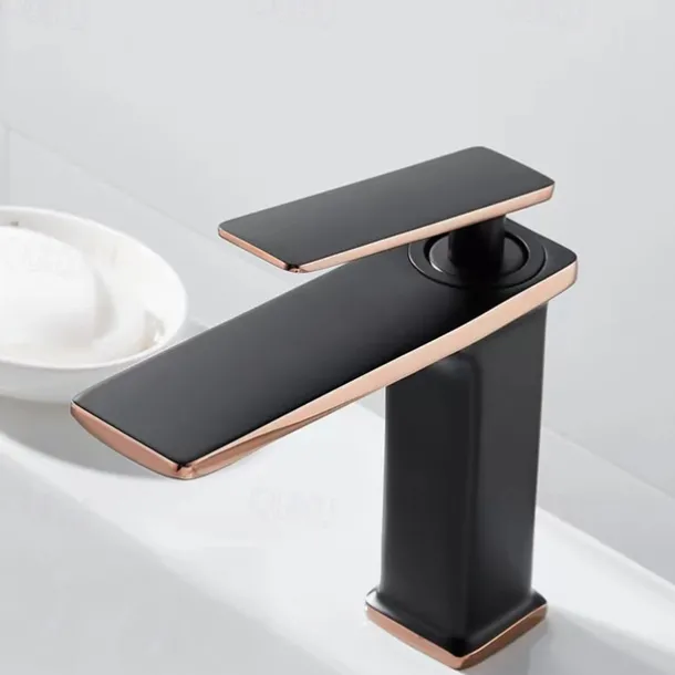 Bathroom Faucet Sink Mixer Basin Taps Deck Mounted, Monobloc Single Handle Cermaic Valve Washroom Taps with Cold and Hot Hose Black Golden White Chrome