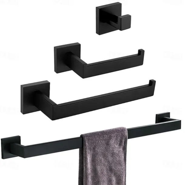 Bathroom Hardware Set 4 Pieces, SUS304 Stainless Steel Wall Mounted Bathroom Accessories, Include Robe Hook, Toilet Paper Holder, Towel Holder, Towel Bar