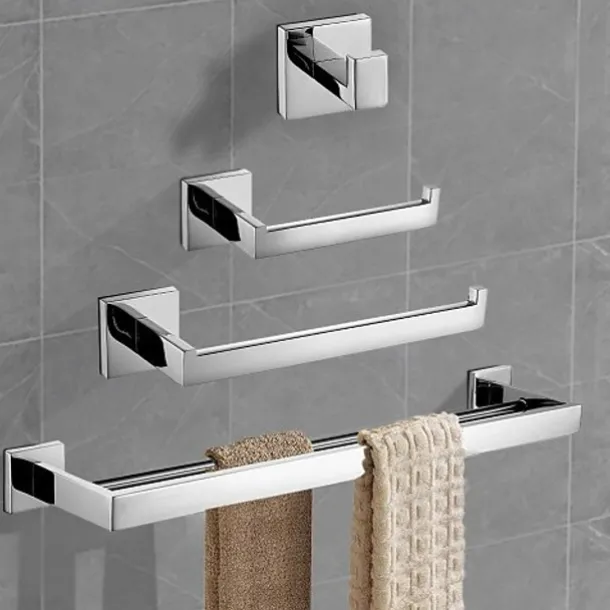 Bathroom Hardware Set 4 Pieces, SUS304 Stainless Steel Wall Mounted Bathroom Accessories, Include Robe Hook, Toilet Paper Holder, Towel Holder, Towel Bar