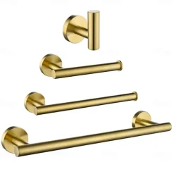 Bathroom Hardware Set Bath Accessory Kit 4 Piece Brushed Gold Metallic Bathroom Accessories Wall Mount 18 Inch Towel Bar Toilet Paper Holder Robe Clothes Hook Stainless Steel