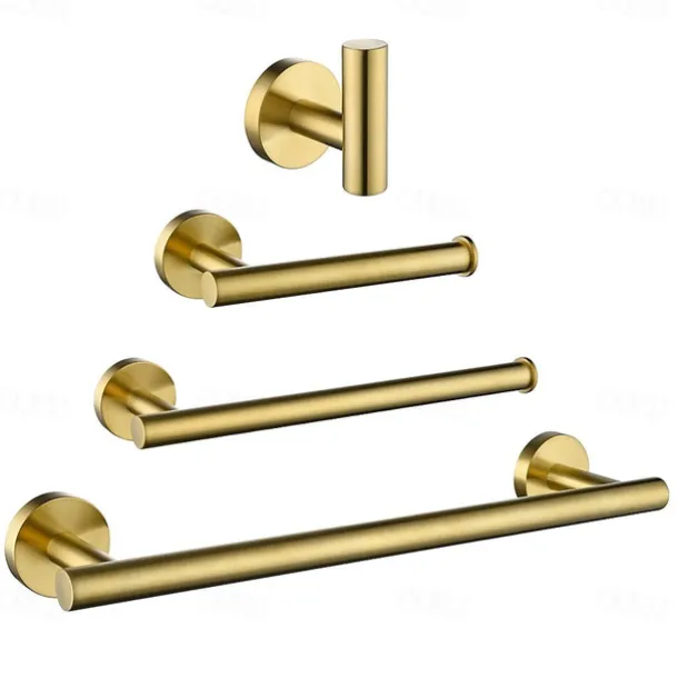Bathroom Hardware Set Bath Accessory Kit 4 Piece Brushed Gold Metallic Bathroom Accessories Wall Mount 18 Inch Towel Bar Toilet Paper Holder Robe Clothes Hook Stainless Steel