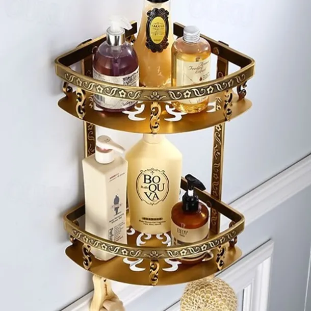 Bathroom Shelf Multilayer Carved Antique Aluminum Wall Mounted Bath Corner Basket with Hooks 1pc