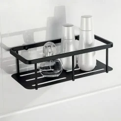 Bathroom Shelf Rectangle Wall Mounted Rustic Stainless Steel Storage Set for Living Room and Bathroom Matte Black 1PC