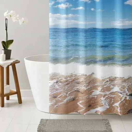 Bathroom Shower Curtain Set 180cm*180cm(70"*70")Waterproof with Hooks Beach Sea View Print Waterproof Fabric Shower Curtain Liner for Bathroom Covered Bathtub Curtains Liner