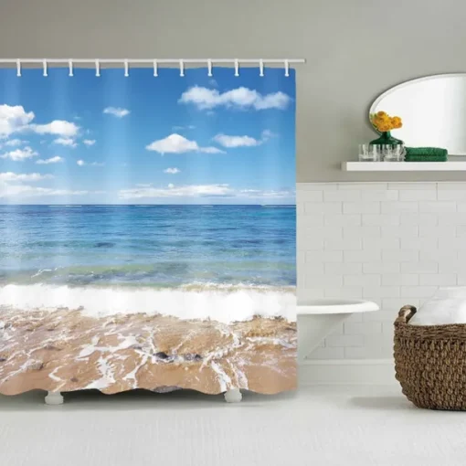 Bathroom Shower Curtain Set 180cm*180cm(70"*70")Waterproof with Hooks Beach Sea View Print Waterproof Fabric Shower Curtain Liner for Bathroom Covered Bathtub Curtains Liner