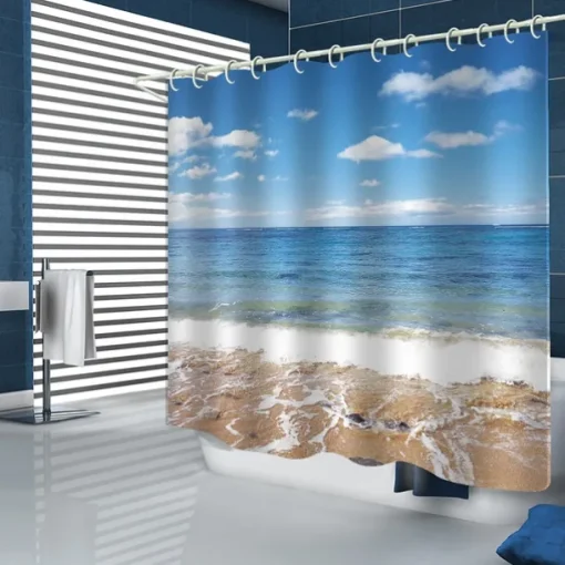 Bathroom Shower Curtain Set 180cm*180cm(70"*70")Waterproof with Hooks Beach Sea View Print Waterproof Fabric Shower Curtain Liner for Bathroom Covered Bathtub Curtains Liner