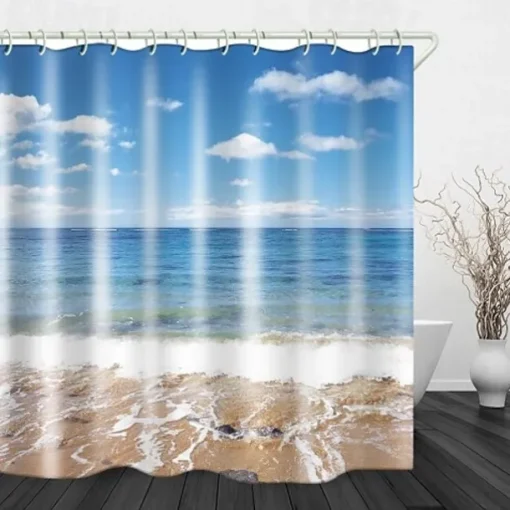 Bathroom Shower Curtain Set 180cm*180cm(70"*70")Waterproof with Hooks Beach Sea View Print Waterproof Fabric Shower Curtain Liner for Bathroom Covered Bathtub Curtains Liner
