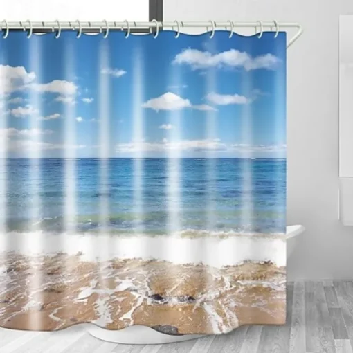 Bathroom Shower Curtain Set 180cm*180cm(70"*70")Waterproof with Hooks Beach Sea View Print Waterproof Fabric Shower Curtain Liner for Bathroom Covered Bathtub Curtains Liner