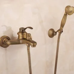 Bathroom Shower Faucet Set, High Flow Vintage Style Wall Mounted Outside Antique Dual-Head Pull Out Shower Head with Handheld, Hot and Cold Water Switch Included