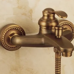Bathroom Shower Faucet Set, High Flow Vintage Style Wall Mounted Outside Antique Dual-Head Pull Out Shower Head with Handheld, Hot and Cold Water Switch Included