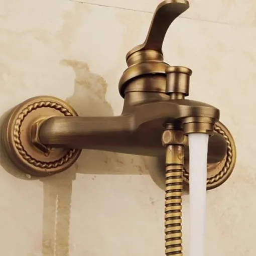 Bathroom Shower Faucet Set, High Flow Vintage Style Wall Mounted Outside Antique Dual-Head Pull Out Shower Head with Handheld, Hot and Cold Water Switch Included