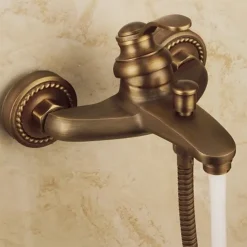 Bathroom Shower Faucet Set, High Flow Vintage Style Wall Mounted Outside Antique Dual-Head Pull Out Shower Head with Handheld, Hot and Cold Water Switch Included