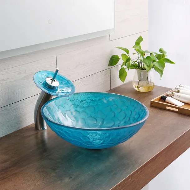 Bathroom Sink / Bathroom Faucet / Bathroom Mounting Ring Vanity Wash Basin - Tempered Glass Round Vessel Sink