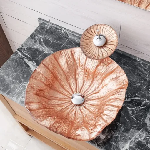 Bathroom Sink Bowl Coral Shell Wash Basin Pop Up Sink Waste Tempered Glass Countertop Basin Glass Basin Tap Bathroom Sink Washbasin