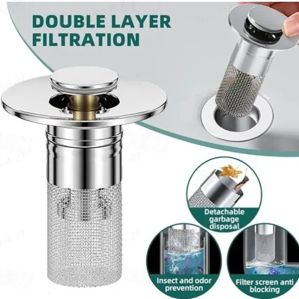 Bathroom Sink Drain Strainer, Pop Up Sink Drain Filter with Removable Stainless Steel Filter Basket Hair Catcher, Bathroom Sink Drain Stopper, for Us Bathroom Sink Stopper Replacement