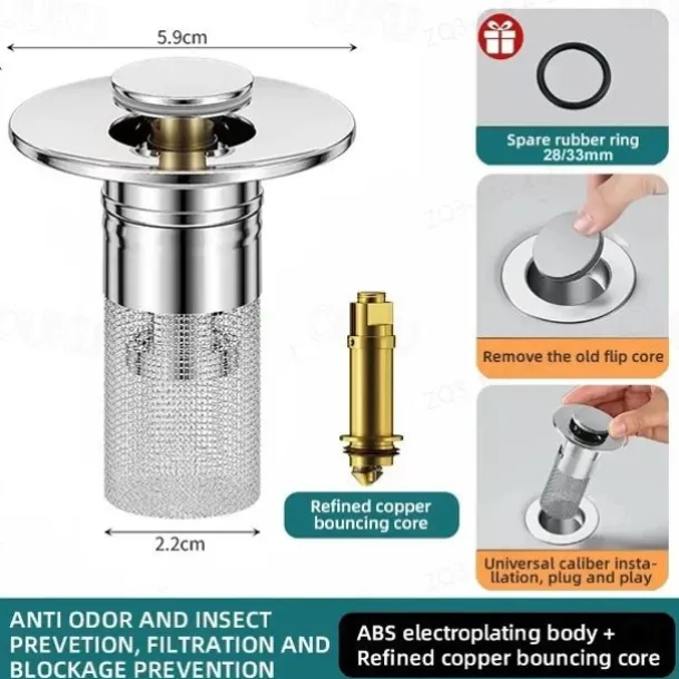 Bathroom Sink Drain Strainer, Pop Up Sink Drain Filter with Removable Stainless Steel Filter Basket Hair Catcher, Bathroom Sink Drain Stopper, for Us Bathroom Sink Stopper Replacement