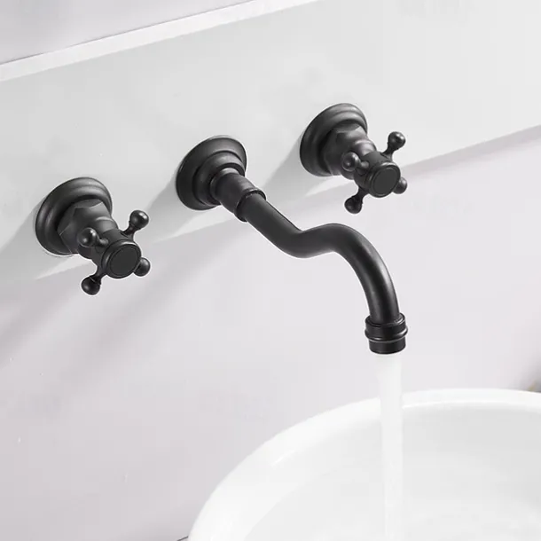 Bathroom Sink Faucet - Wall Mount / Widespread Electroplated Wall Mounted Two Handles Three HolesBath Taps