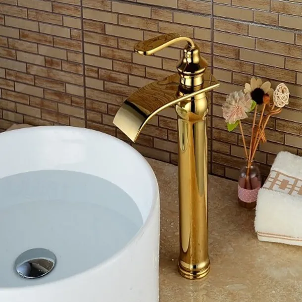 Bathroom Sink Faucet - Waterfall Ti-PVD Centerset Single Handle One HoleBath Taps / Brass